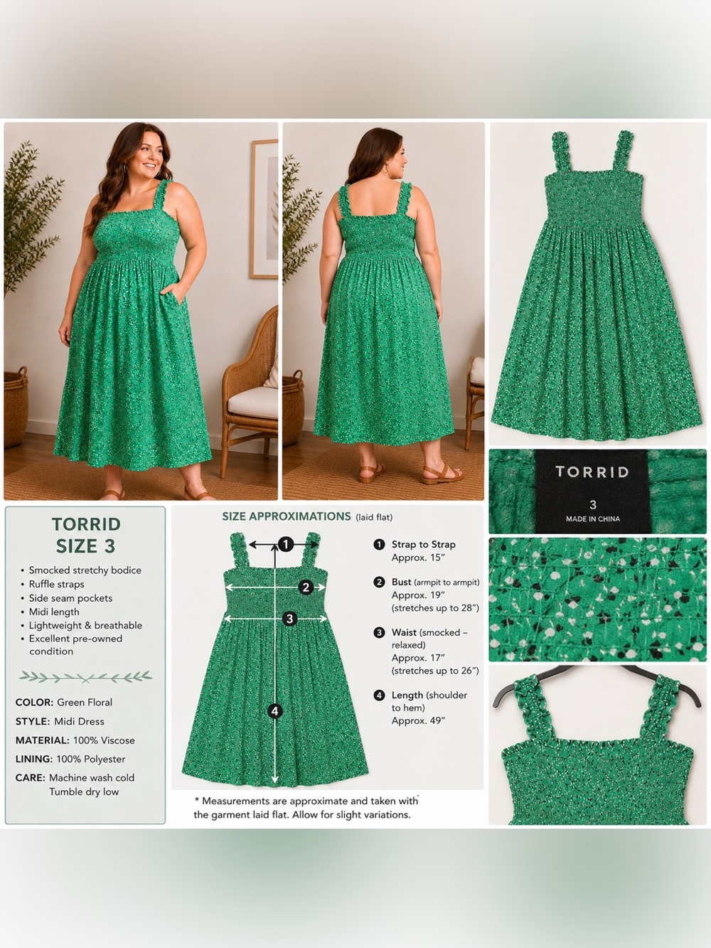 Torrid Size 3 Green Smocked Maxi Dress Floral Print Plus Size 22/24 - Picture 2 of 6